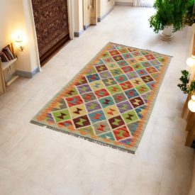   Handgewebter Kelim Teppich Läufer 82x194 Maimana Kilim Teppich