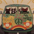 Dekokissen grün 45x45 cm – Friedensbus-Katzen