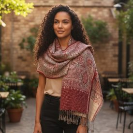   Damenschal grau-burgunderrot 215x105 eleganter Damenschal aus Baumwolle