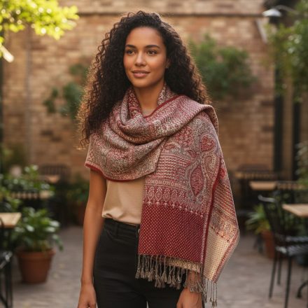 Damenschal grau-burgunderrot 215x105 eleganter Damenschal aus Baumwolle