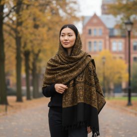 Schal schwarz-gold 215x105 großer Damen Tuch aus Baumwolle