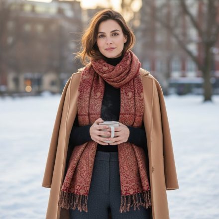 Eleganter Damenschal 215x105 burgund-beige mit authentischem Muster